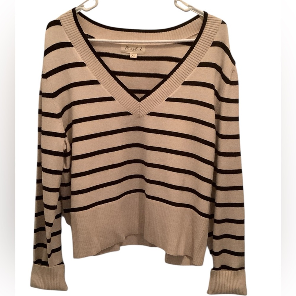 Marled Cream and Black Striped V-Neck Sweater